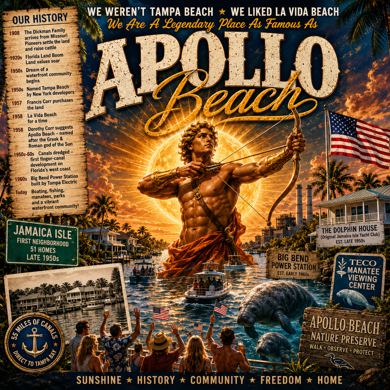 Apollo Beach, We Weren't Tampa Beach — album cover for the Apollo Beach Fourth of July anthem celebrating the sun-god name, backyard boats, canals, and Tampa Bay sunsets.