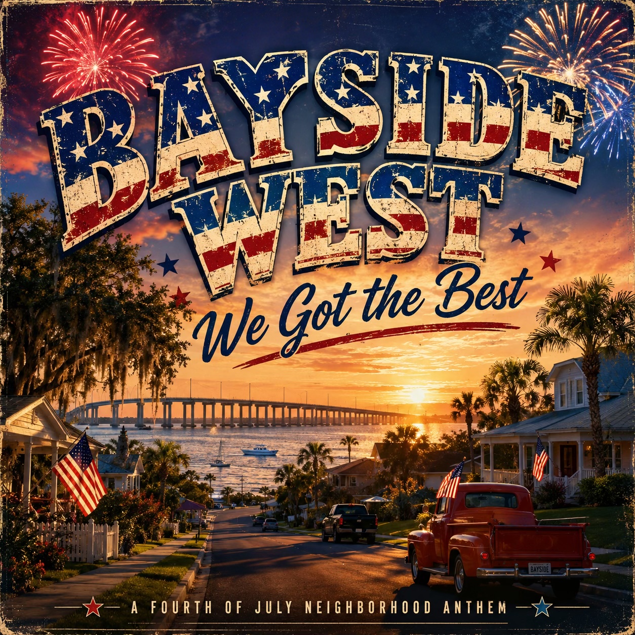 Bayside West, We Got the Best, A Fourth of July Neighborhood Anthem — album cover with a South Tampa residential street at sunset leading toward the bay and bridge, a vintage red pickup truck, American flags on the porches, palms, and fireworks overhead.
