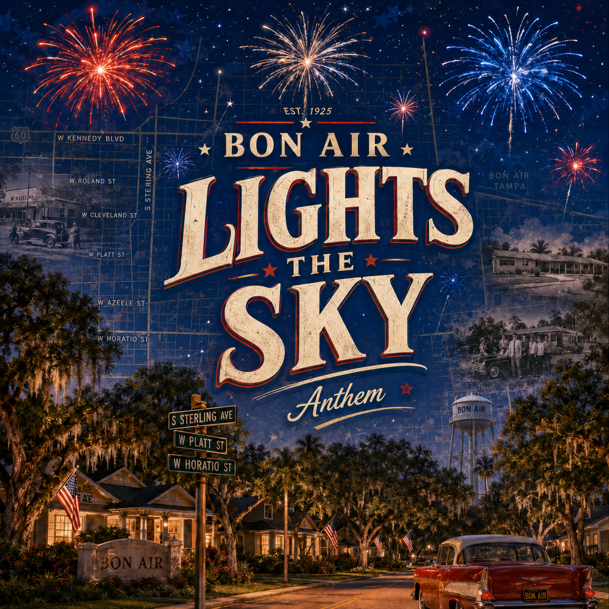 Bon Air Lights the Sky, Est. 1925 — album cover blending a vintage Tampa map and historic black-and-white photos with a present-day oak-lined Bon Air street at night, an American flag, a classic red car, the Bon Air water tower, fireworks, and street signs for S Sterling Ave, W Platt St, and W Horatio St.