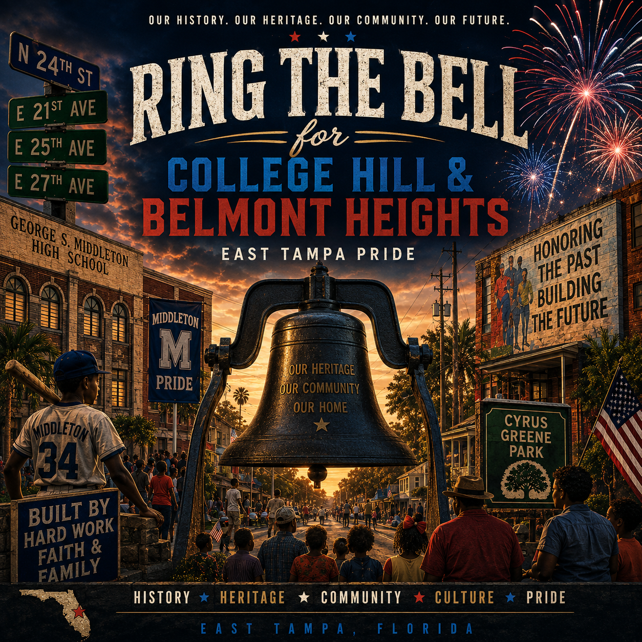 Ring the Bell for College Hill & Belmont Heights, East Tampa Pride — album cover with a large bronze bell reading Our Heritage, Our Community, Our Home, a young Middleton baseball player in a number 34 jersey, George S. Middleton High School, a Middleton M Pride banner, a community mural reading Honoring the Past Building the Future, a Cyrus Greene Park sign, an American flag, fireworks over a sunset, neighbors gathered in the street, and street signs for N 24th St, E 21st Ave, E 25th Ave, and E 27th Ave. Banner: History, Heritage, Community, Culture, Pride. East Tampa, Florida.