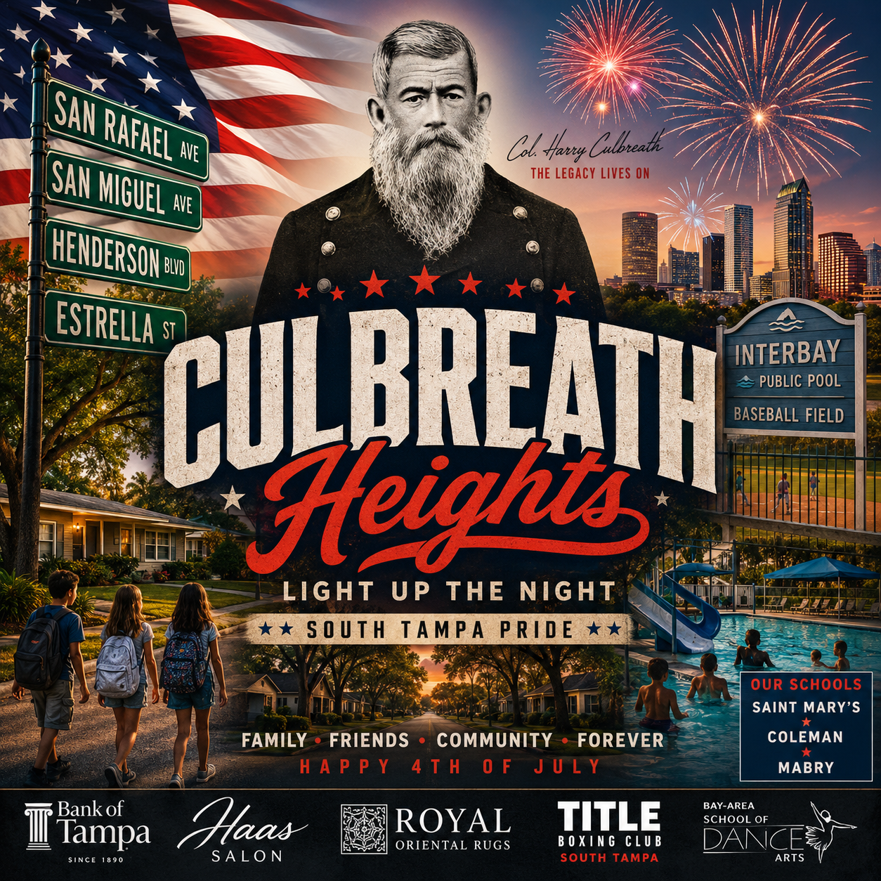 Culbreath Heights, Light Up the Night, South Tampa Pride — album cover with a sepia portrait of Col. Harry Culbreath above the neighborhood name, an American flag, the Tampa skyline with fireworks, children walking to school and swimming at the Interbay public pool, a tree-lined street of homes, an Interbay Public Pool & Baseball Field sign, a street-sign stack for San Rafael Ave, San Miguel Ave, Henderson Blvd, and Estrella St, an Our Schools panel (Saint Mary's, Coleman, Mabry), and local business logos.