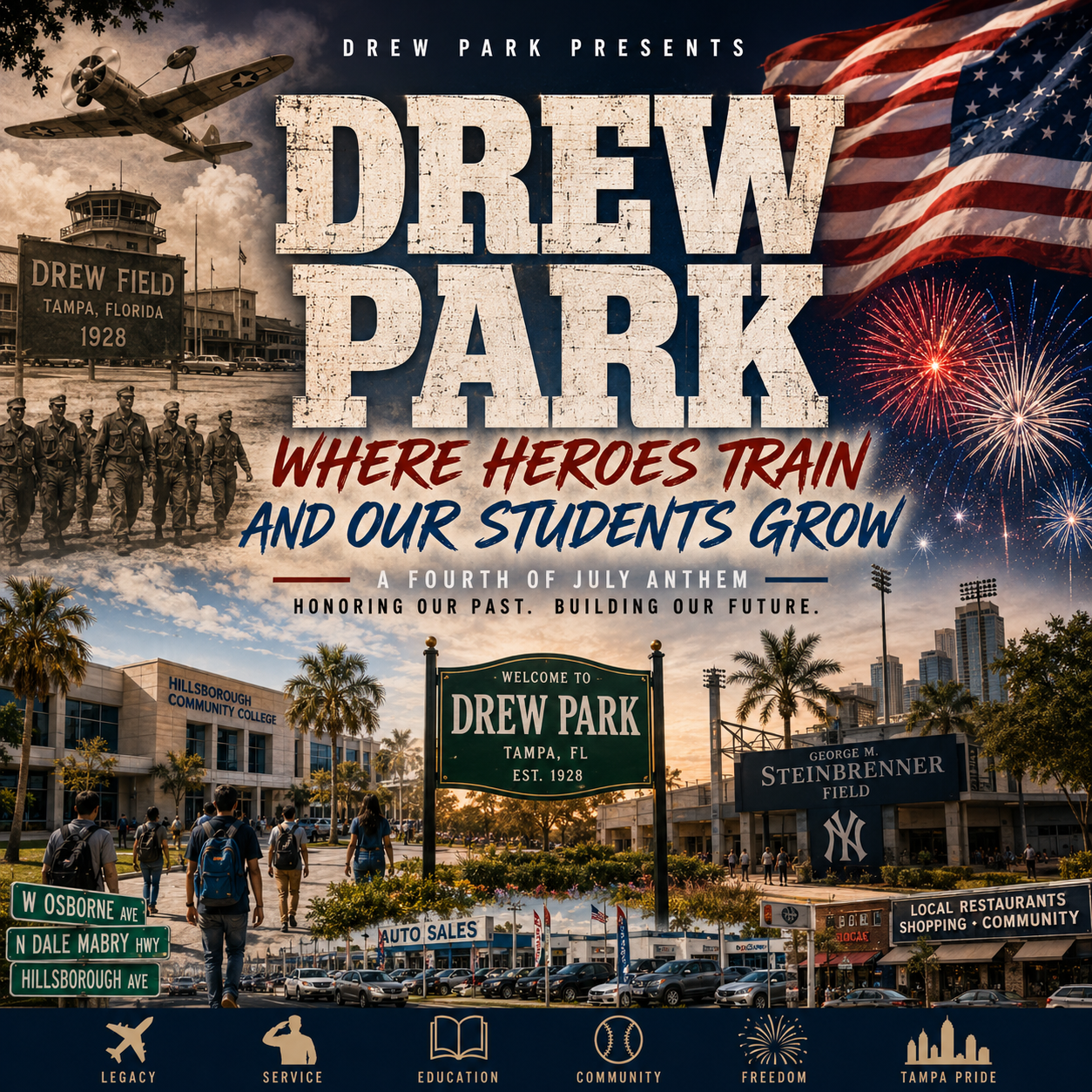 Drew Park, Where Heroes Train and Our Students Grow, A Fourth of July Anthem — album cover blending the historic Drew Field 1928 airport control tower and marching WWII soldiers with present-day Hillsborough Community College students, a Welcome to Drew Park sign, George M. Steinbrenner Field, Dale Mabry auto sales and local shops, an American flag, and fireworks. Icons: Legacy, Service, Education, Community, Freedom, Tampa Pride.