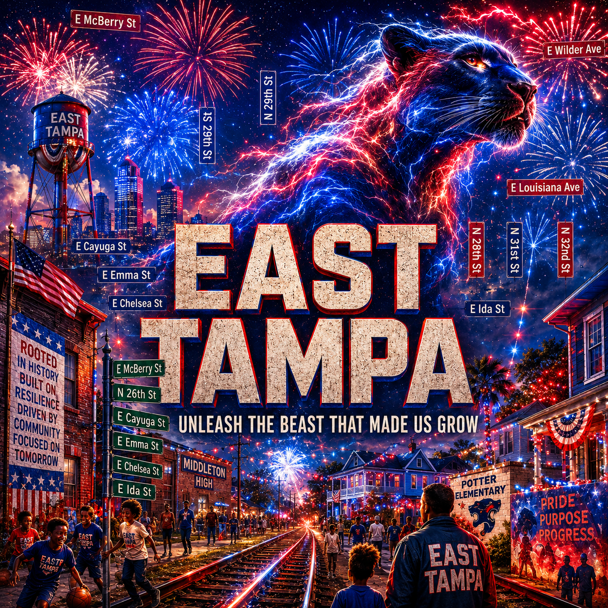 East Tampa, Unleash the Beast That Made Us Grow — album cover with a powerful black panther formed of red, white, and blue electric energy leaping over the Tampa skyline, an East Tampa water tower, fireworks, children playing basketball, a Victorian home decked in patriotic bunting, the Middleton High and Potter Elementary buildings, a man in an East Tampa jacket, a Pride Purpose Progress mural, and street signs for E McBerry, E Wilder, N 29th, N 28th, N 31st, N 32nd, E Cayuga, E Emma, E Chelsea, E Louisiana, E Ida, and N 26th. Banner: Rooted in History. Built on Resilience. Driven by Community. Focused on Tomorrow.