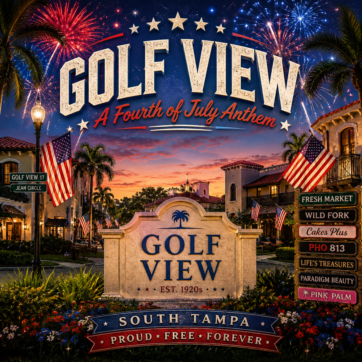 Golf View, A Fourth of July Anthem, South Tampa Proud Free Forever — album cover with the stone Golf View Est. 1920s entrance monument framed by Mediterranean-style homes flying American flags, palm trees, fireworks over a sunset sky, a Golf View St / Jean Circle street sign, and a sign panel of local businesses (Fresh Market, Wild Fork, Cakes Plus, Pho 813, Life's Treasures, Paradigm Beauty, Pink Palm).