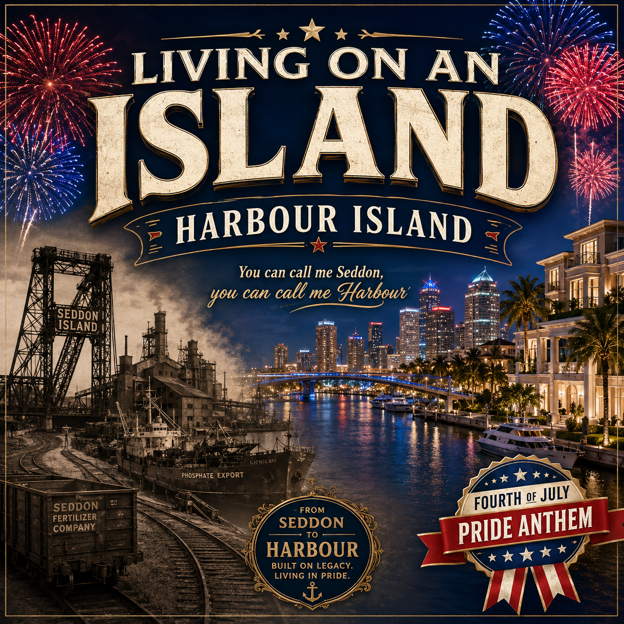 Living on an Island, Harbour Island, A Fourth of July Pride Anthem — split album cover showing the industrial black-and-white past of Seddon Island (phosphate export ship, rail cars, steel lift bridge, Seddon Fertilizer Company) on the left and the modern Harbour Island waterfront with the downtown Tampa skyline, yachts, and luxury homes at night on the right. Hook: You can call me Seddon, you can call me Harbour. Badge: From Seddon to Harbour, Built on Legacy, Living in Pride.