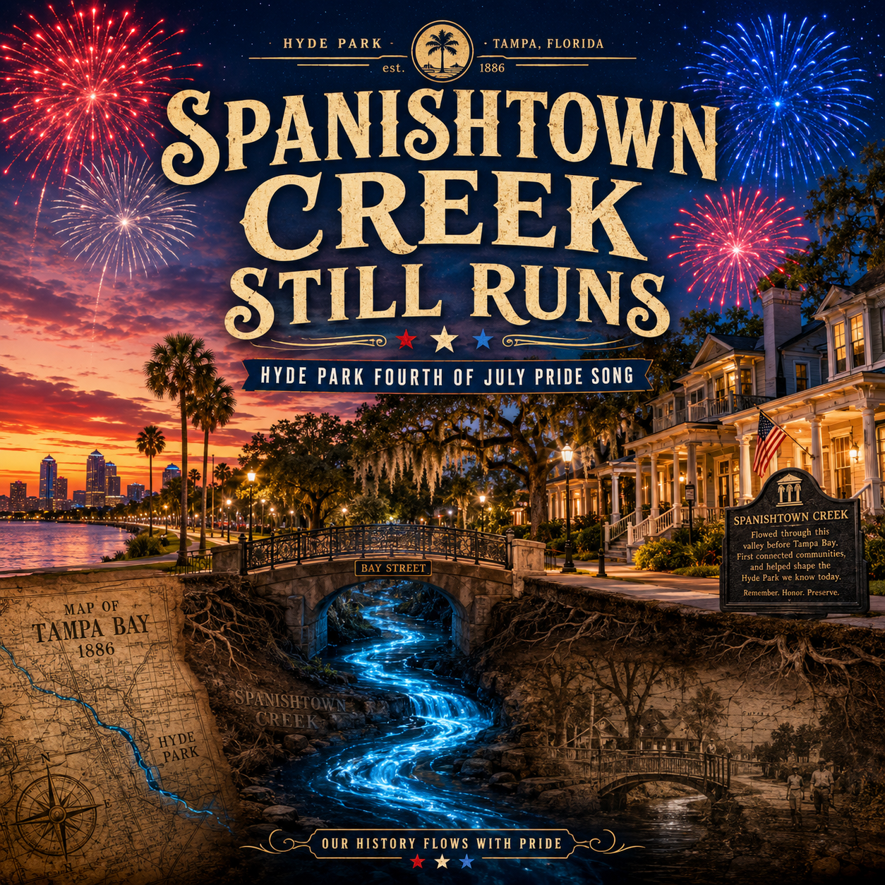 Spanishtown Creek Still Runs, Hyde Park Fourth of July Pride Song, Tampa Florida Est. 1886 — album cover with a glowing blue creek flowing beneath a Bay Street bridge through an exposed root-lined channel, historic Hyde Park homes and an American flag, an 1886 map of Tampa Bay tracing the creek, fireworks, and a Spanishtown Creek historical marker. Tagline: Our History Flows With Pride.