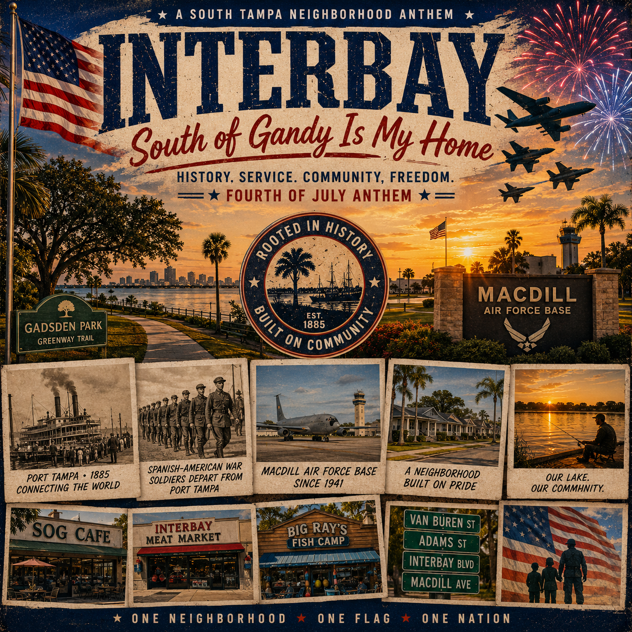 Interbay, South of Gandy Is My Home, A South Tampa Neighborhood Anthem — vintage collage cover with the Interbay name over Hillsborough Bay at sunset, an American flag, military jets in formation, a Rooted in History Built on Community Est. 1885 seal, a MacDill Air Force Base sign, a Gadsden Park Greenway Trail sign, and a row of historic and present-day photos (Port Tampa 1885, Spanish-American War soldiers, MacDill since 1941, neighborhood homes, the lake, SOG Cafe, Interbay Meat Market, Big Ray's Fish Camp) plus a street-sign stack for Van Buren St, Adams St, Interbay Blvd, and MacDill Ave. Tagline: One Neighborhood, One Flag, One Nation.