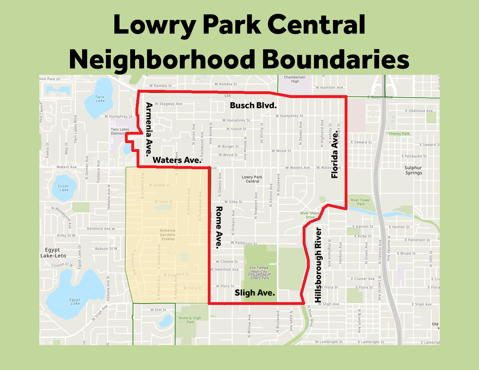 Map of Lowry Park Central neighborhood boundaries in Tampa — outlined in red between Busch Boulevard, Florida Avenue, Sligh Avenue, and Rome/Armenia Avenues, with the Hillsborough River and ZooTampa along the southeastern edge