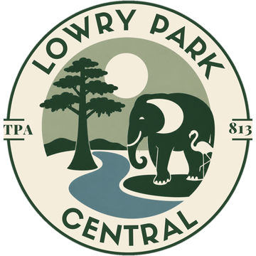 Lowry Park Central neighborhood logo — elephant, flamingo, and cypress tree along the Hillsborough River, TPA 813