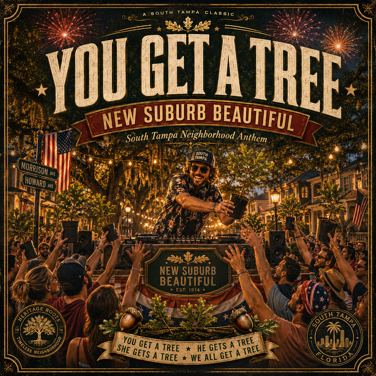 You Get a Tree, New Suburb Beautiful, A South Tampa Neighborhood Anthem — album cover with a DJ in a South Tampa hat handing out an oak sapling to a celebrating crowd holding up potted trees under an oak canopy with string lights, American flags, fireworks, and street signs for Morrison Ave and Howard Ave. Tagline: You get a tree, he gets a tree, she gets a tree, we all get a tree.