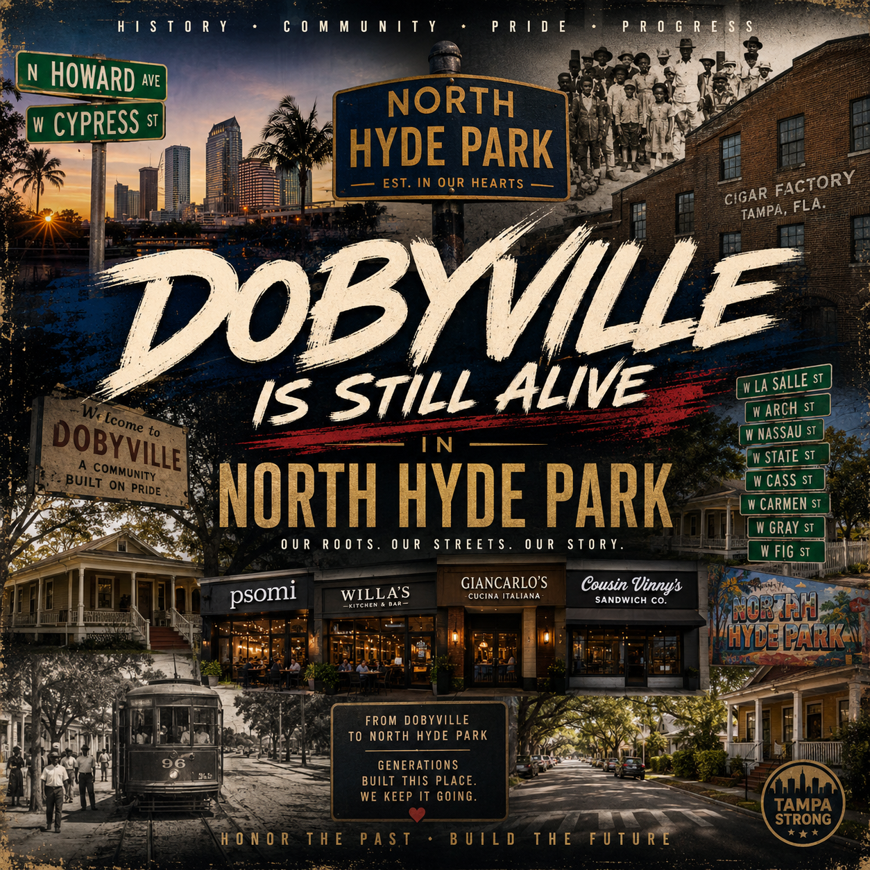 Dobyville Is Still Alive in North Hyde Park, Our Roots Our Streets Our Story — album cover collage with the downtown Tampa skyline at sunset, a North Hyde Park sign, a historic Welcome to Dobyville sign, a vintage group photo and old cigar-factory brick building, a historic streetcar and Black residents on the street, a row of present-day restaurants (Psomi, Willa's, Giancarlo's, Cousin Vinny's Sandwich Co.), a tree-lined street of bungalows, a North Hyde Park mural, a Tampa Strong seal, and a street-sign stack for N Howard Ave, W Cypress St, W La Salle St, W Arch St, W Nassau St, W State St, W Cass St, W Carmen St, W Gray St, and W Fig St. Banner: History, Community, Pride, Progress; Honor the Past, Build the Future.