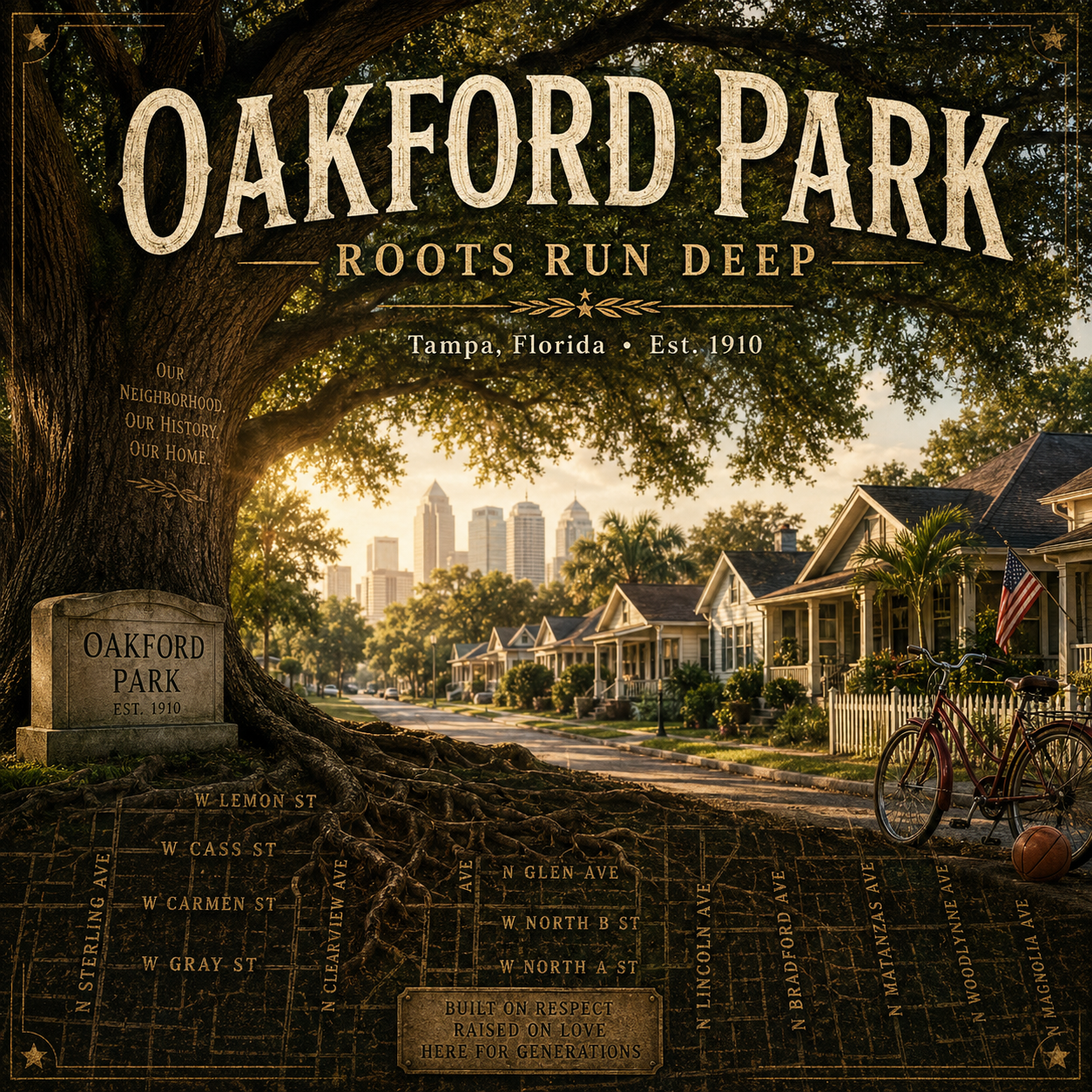 Oakford Park, Roots Run Deep, Tampa Florida Est. 1910 — album cover with a giant oak tree whose roots form a street grid labeled with neighborhood streets (W Lemon St, W Cass St, W Carmen St, W Gray St, N Glen Ave, W North A St, W North B St, and more), a craftsman-home street leading to the downtown Tampa skyline, an American flag, and a vintage bicycle. Tagline: Built on respect, raised on love, here for generations.