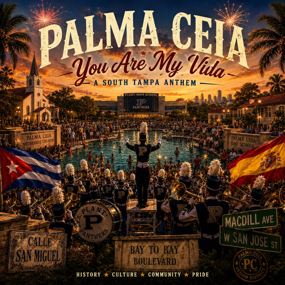Palma Ceia, You Are My Vida, A South Tampa Anthem — album cover with the Plant High School Panthers marching band playing around a glowing pool at sunset, a Spanish-mission church, Henry B. Plant High School, Cuban and Spanish flags, fireworks, and street signs for Calle San Miguel, Bay to Bay Boulevard, MacDill Ave, and W San Jose St, with a Palma Ceia Design District seal.