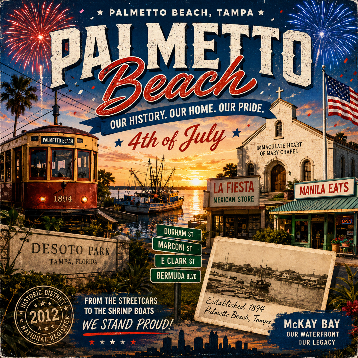 Palmetto Beach, Tampa, Our History Our Home Our Pride, 4th of July — album cover with a vintage 1894 Palmetto Beach streetcar, shrimp boats on McKay Bay at sunset, the Immaculate Heart of Mary Chapel, an American flag, fireworks, the La Fiesta Mexican Store and Manila Eats storefronts, a DeSoto Park sign, a 2012 National Register Historic District seal, a historic Established 1894 waterfront photo, and street signs for Durham St, Marconi St, E Clark St, and Bermuda Blvd. Taglines: From the Streetcars to the Shrimp Boats We Stand Proud; McKay Bay, Our Waterfront, Our Legacy.