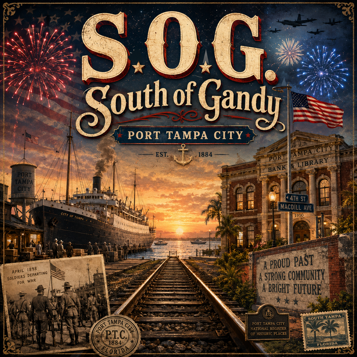 S.O.G. South of Gandy — Port Tampa City, established 1884. Vintage collage of the steamship docks, the historic bank and library, railroad tracks to the bay, and Spanish-American War soldiers.