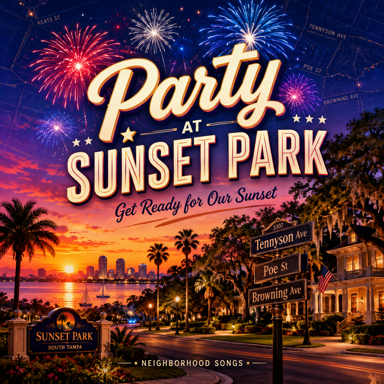 Party at Sunset Park, Get Ready for Our Sunset — album cover with a South Tampa street at sunset over Old Tampa Bay, palms, a historic home with an American flag, fireworks, and street signs for Tennyson Ave, Poe St, and Browning Ave.