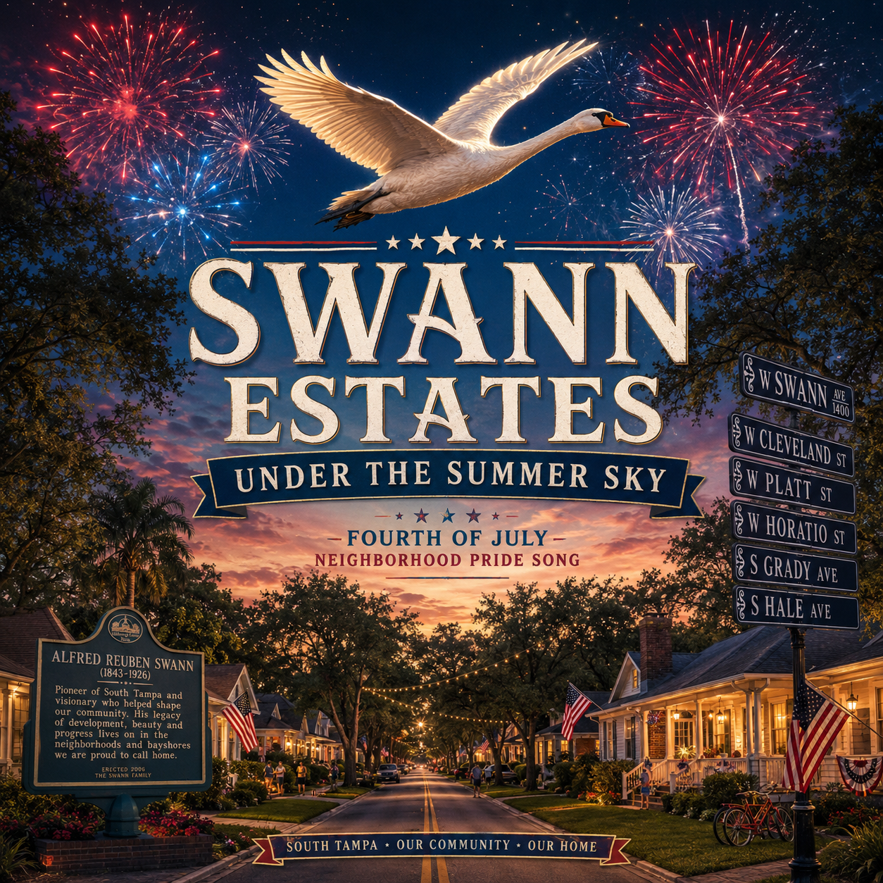 Swann Estates, Under the Summer Sky, A Fourth of July Neighborhood Pride Song — album cover with a swan flying over an oak-lined South Tampa street at dusk, fireworks, American flags, a historical marker for Alfred Reuben Swann, and street signs for W Swann Ave, W Cleveland St, W Platt St, W Horatio St, S Grady Ave, and S Hale Ave.