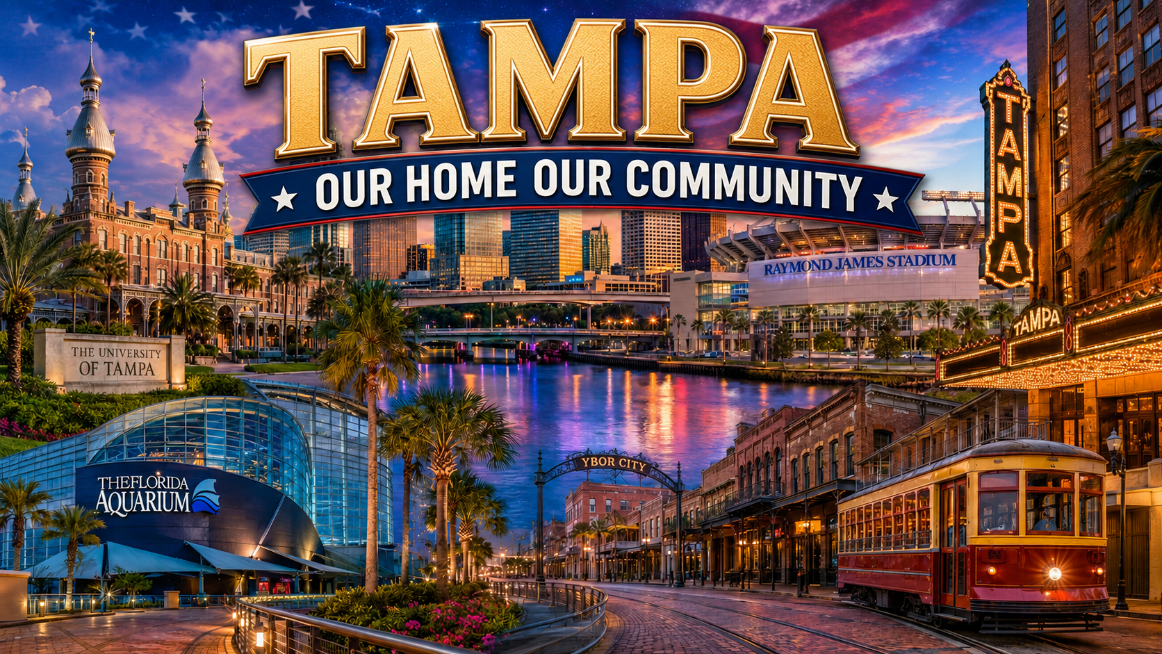 Tampa, Our Home Our Community — citywide album cover collage featuring the University of Tampa minarets, the downtown Tampa skyline and Riverwalk at dusk, Raymond James Stadium, the historic Tampa Theatre marquee, the Florida Aquarium, the Ybor City arch, and a vintage red streetcar on a brick street.