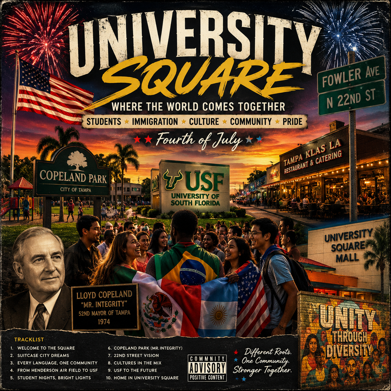 University Square, Where the World Comes Together, A Fourth of July Anthem — album cover with a diverse crowd of USF students holding the flags of many nations alongside an American flag at sunset, a Copeland Park sign, the USF University of South Florida sign, the Tampa Klas La Restaurant & Catering storefront, a University Square Mall sign, a Unity Through Diversity mural, a portrait of Mayor Lloyd Copeland 'Mr. Integrity,' fireworks, and street signs for Fowler Ave and N 22nd St. Banners: Students, Immigration, Culture, Community, Pride; Different Roots. One Community. Stronger Together.
