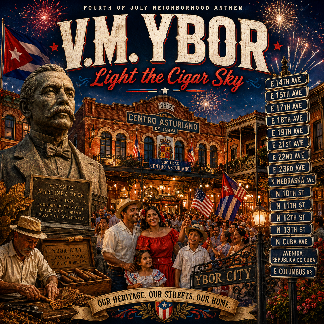 V.M. Ybor, Light the Cigar Sky, A Fourth of July Neighborhood Anthem — album cover with a statue of founder Vicente Martinez Ybor, the brick Centro Asturiano de Tampa (1912), a cigar roller at work, a family in Cuban dress waving an American flag amid a festive Ybor City crowd, Cuban flags, fireworks, an Ybor City streetcar sign, and a street-sign stack for E 14th, E 15th, E 17th, E 18th, E 19th, E 21st, E 22nd, E 23rd, N Nebraska, N 10th, N 11th, N 12th, N 13th, N Cuba, Avenida Republica de Cuba, and E Columbus. Banner: Our Heritage. Our Streets. Our Home.
