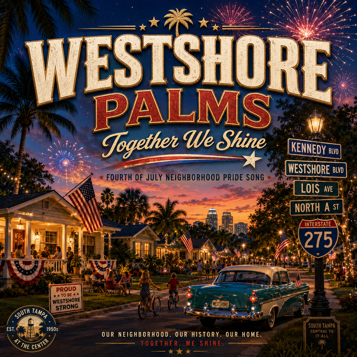 Westshore Palms, Together We Shine, A Fourth of July Neighborhood Pride Song — album cover with a classic teal 1950s car on a palm-lined South Tampa street decorated with American flags and lights, families on porches, fireworks, and street signs for Kennedy Blvd, Westshore Blvd, Lois Ave, North A St, and Interstate 275.