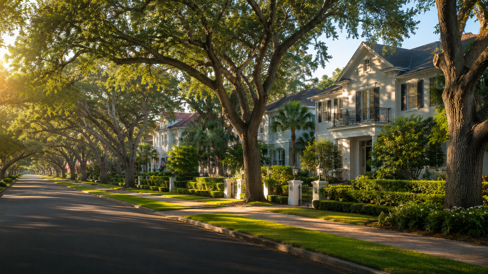 Tree-lined street with elegant homes in South Tampa
